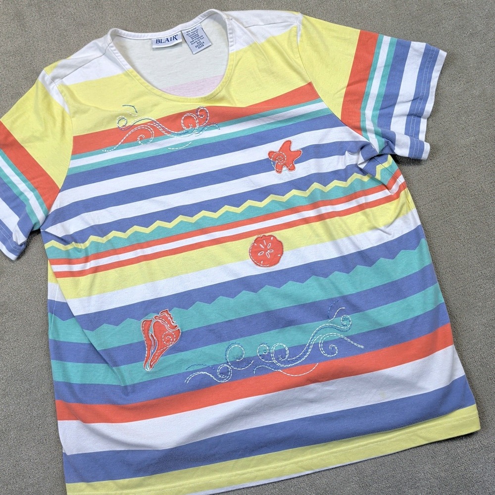 Blair Vintage Nautical Striped T-Shirt Women XLG Multicolor Sea Shell Coastal